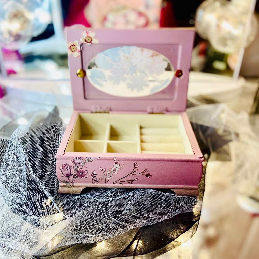 Pink Handmade Floral Painted Jewelry Box Wooden Flower Organizer Velour Interior - Picture 5 of 6